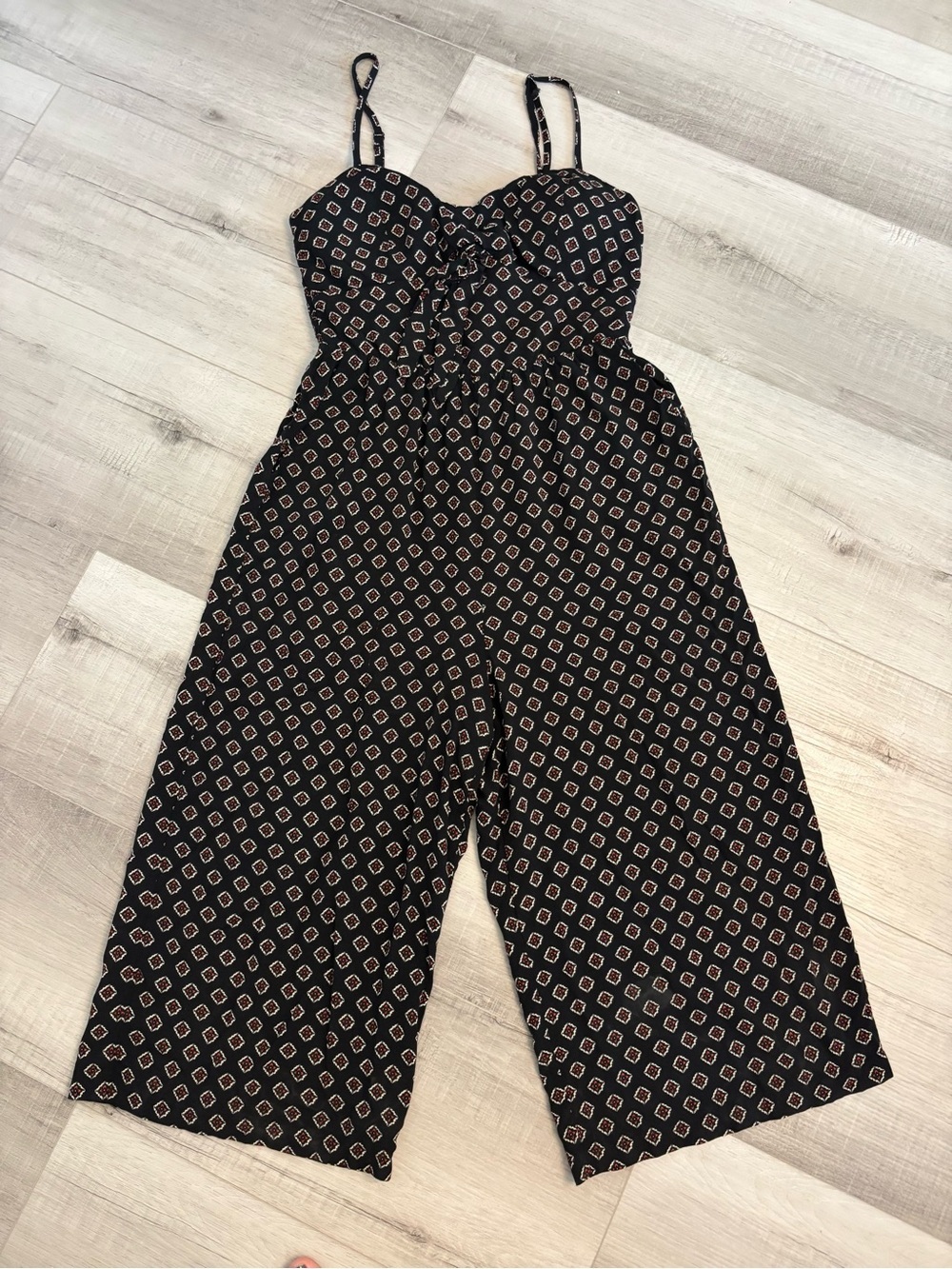 A.U.W. Black Printed Wide Leg Jumpsuit Tie Front Smocked Back Size Large